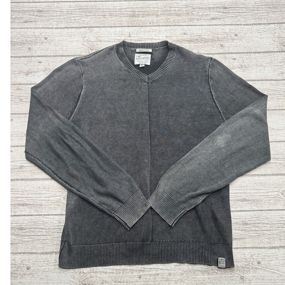 Lucky Brand Sweater Men's Medium Gray V-Neck Welterweight Washed Knit Pullover